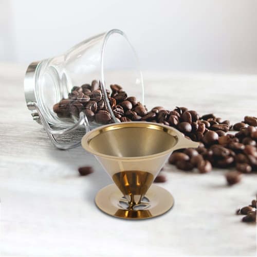 Uinfhyknd Double Wall Stainless Steel Titanium Gold Pour Over Coffee Dripper Filter with Cup Stand and Handle