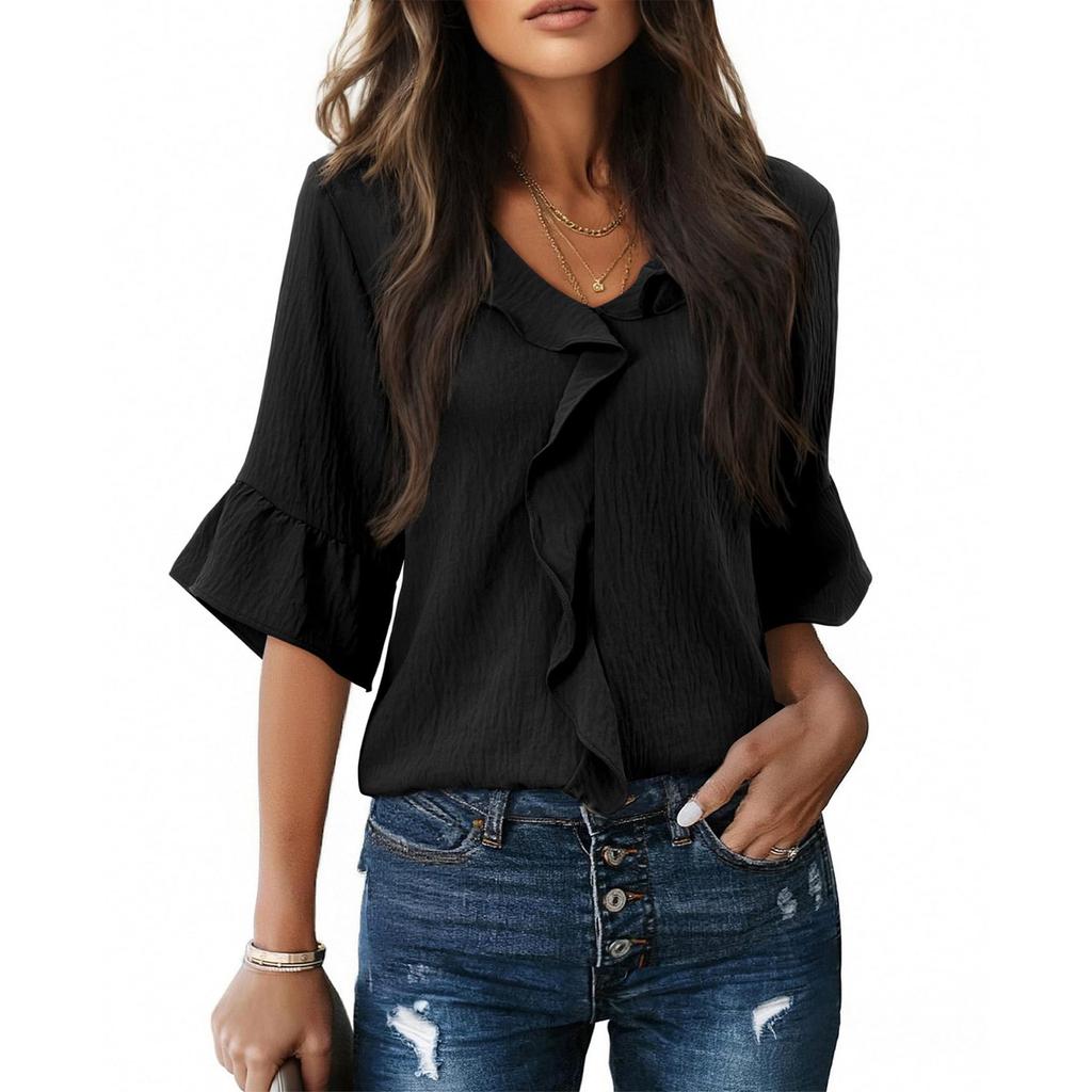 Women's Fashionable Color V-neck Seven Quarter Sleeve Pleated Casual Pullover Top