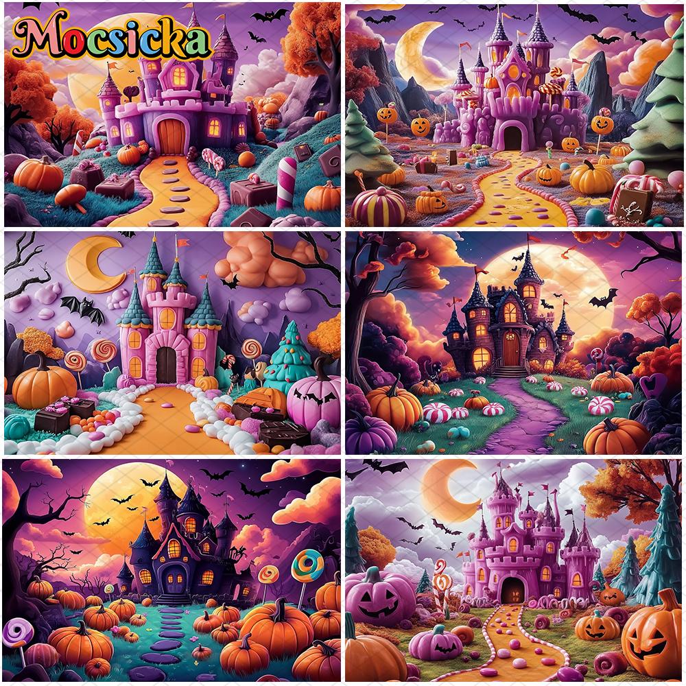 Mocsicka Halloween Purple Castle Background Moon Forest Pumpkin Party Banner Chocolate Lollipop Candy Decorations Photo Backdrop