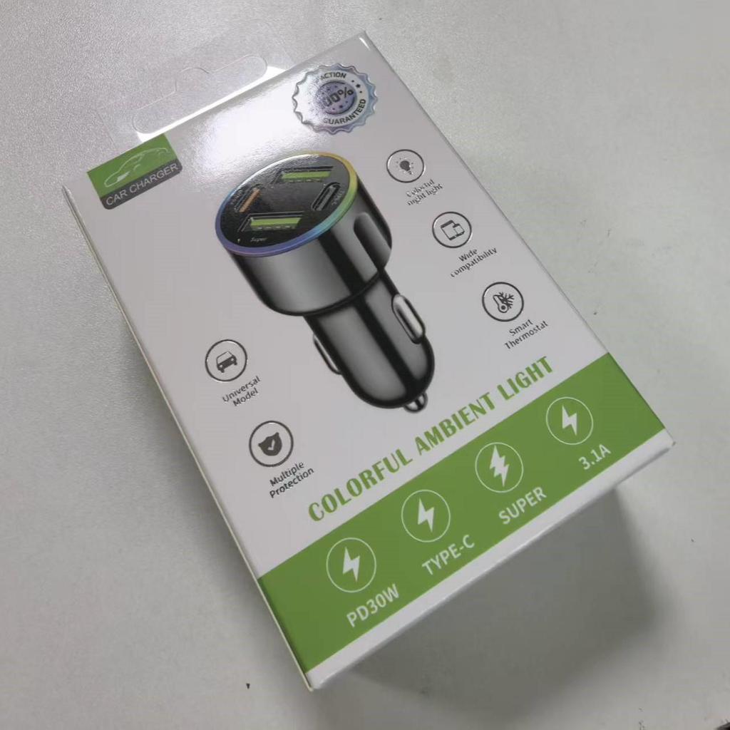 60W Super rychlá 7barevná atmosférická nabíječka do auta s PD30W