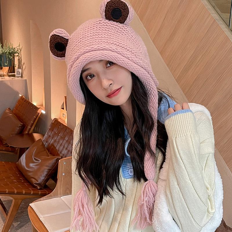 Frog knitted hat women's ear protection face cold protection warm cycling wool hat cartoon thin face fleece hat
