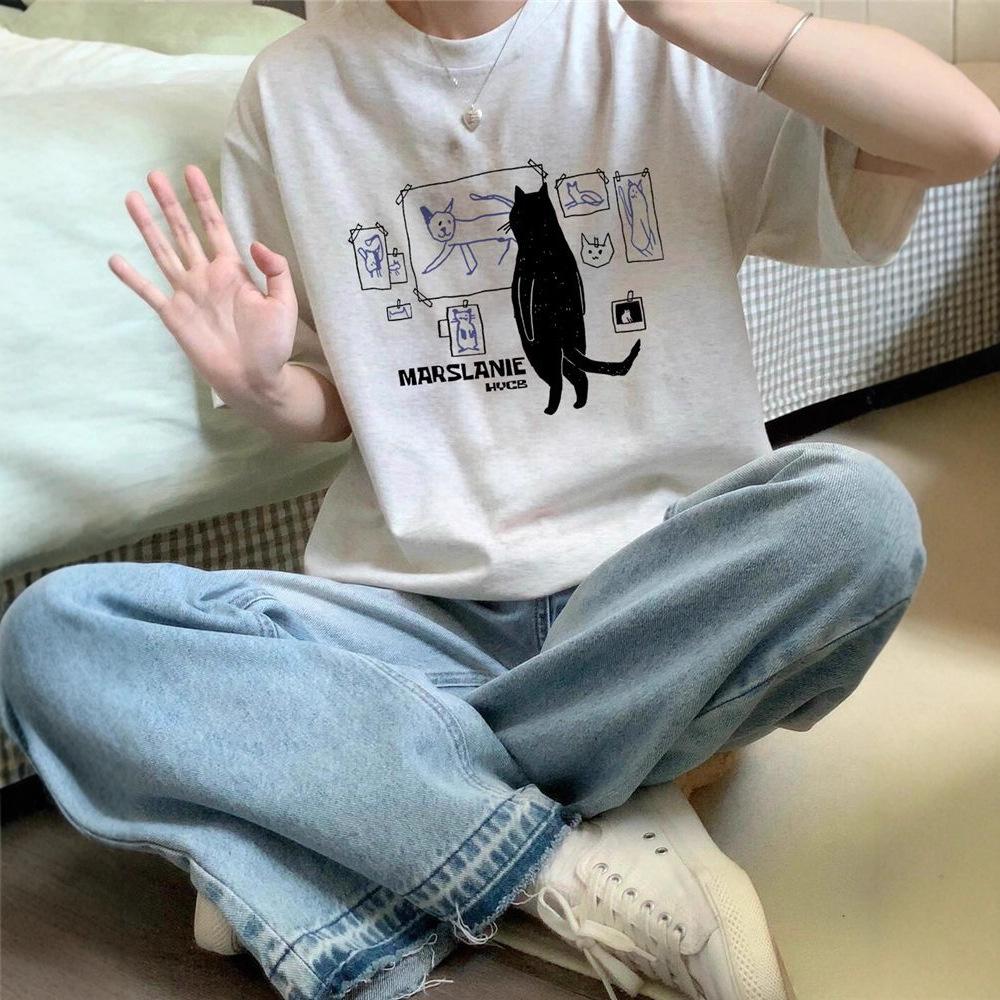 Pure cotton design American Hong Kong flavor short-sleeved t-shirt women's summer loose and unique chic half-sleeved couple's top tide