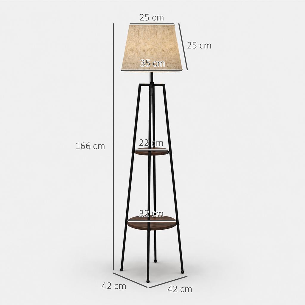Two-Tier Metal and MDF Floor Lamp with Fabric Shade. 42x166cm. Black and Brown