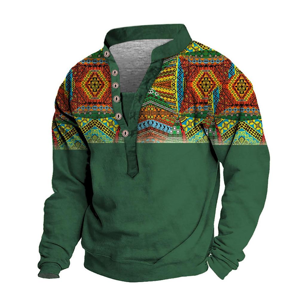 Pullover mit V-Ausschnitt für Herren, 3D-Digitaldruck, Stehkragen, 6 Knöpfe, Vintage-Kragen
