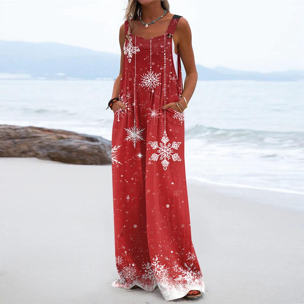 Women's Christmas Print Solid Wide Leg Strapless Tank Pocket Casual Onesie