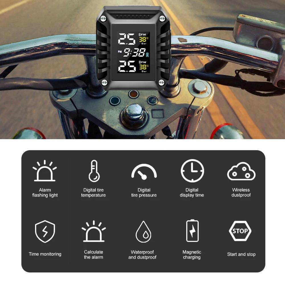 Farbiges LCD Motorrad TPMS 2 Externe Sensoren Reifendrucküberwachungssystem Wasserdicht mit Reifentemperaturalarm Zeitanzeige