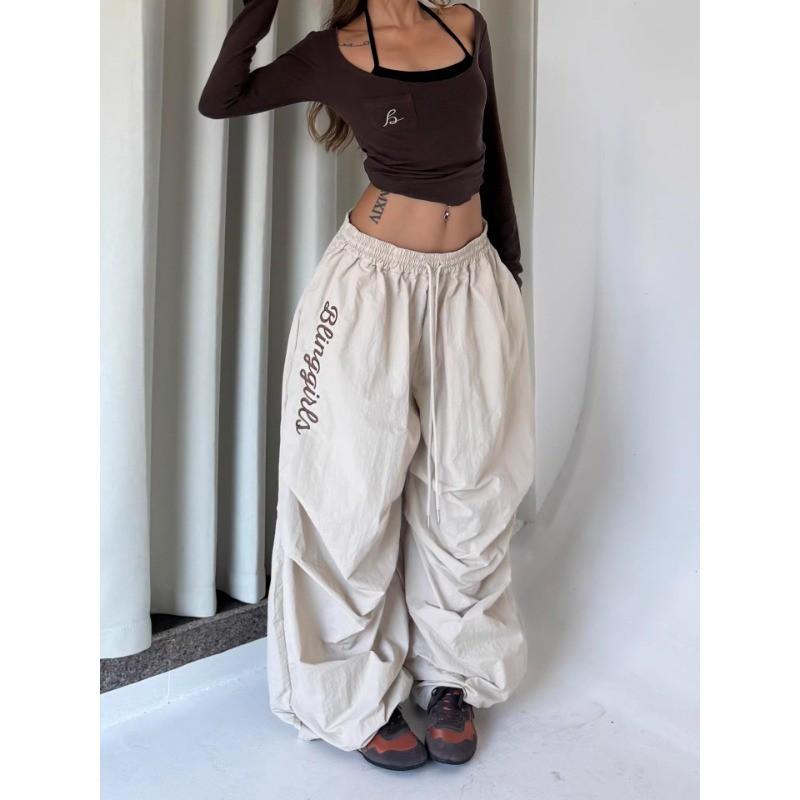 Damen lockere Nylon-Cargohose mit Kordelzug Taille, leichte, atmungsaktive Streetwear-Hose, Tanz, Freizeitkleidung