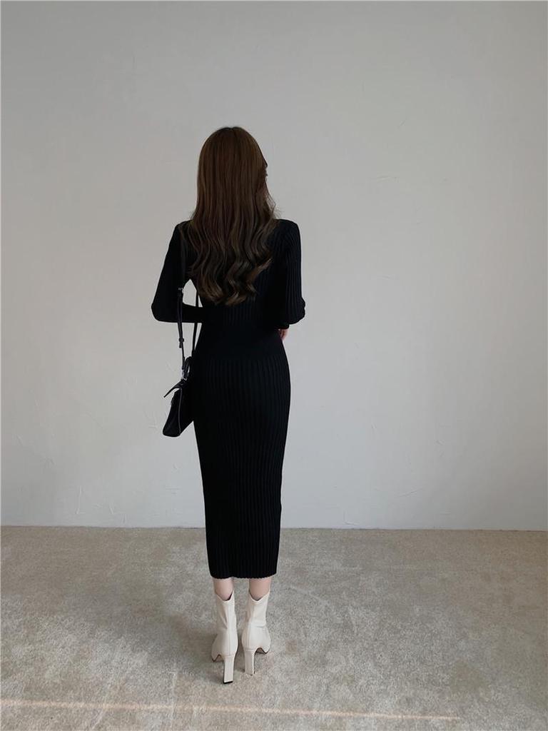 2025 Early Spring Women's V-Neck Button Knit Dress, Long Sleeve Slimming Inner Layer Skirt
