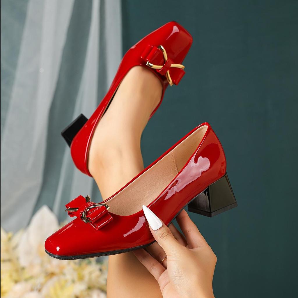 Damen Eckige Zehenpartie Klobiger Absatz Florale High Heels - Lackleder, Übergröße 43, Europäischer & Amerikanischer Stil