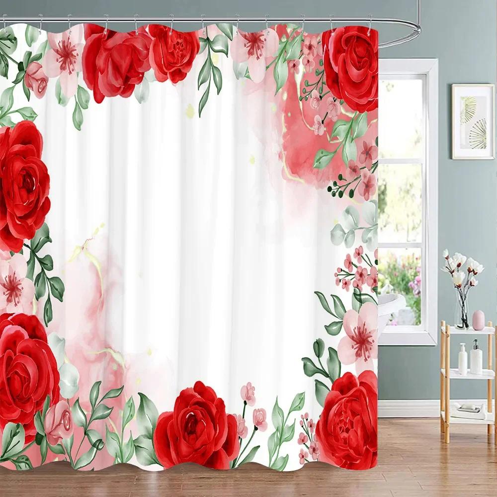 Valentine's Day Red Rose Shower Curtain Pink Red Love Tree Flower Polyester Fabric Washable Hanging Curtains Bathroom Decoration