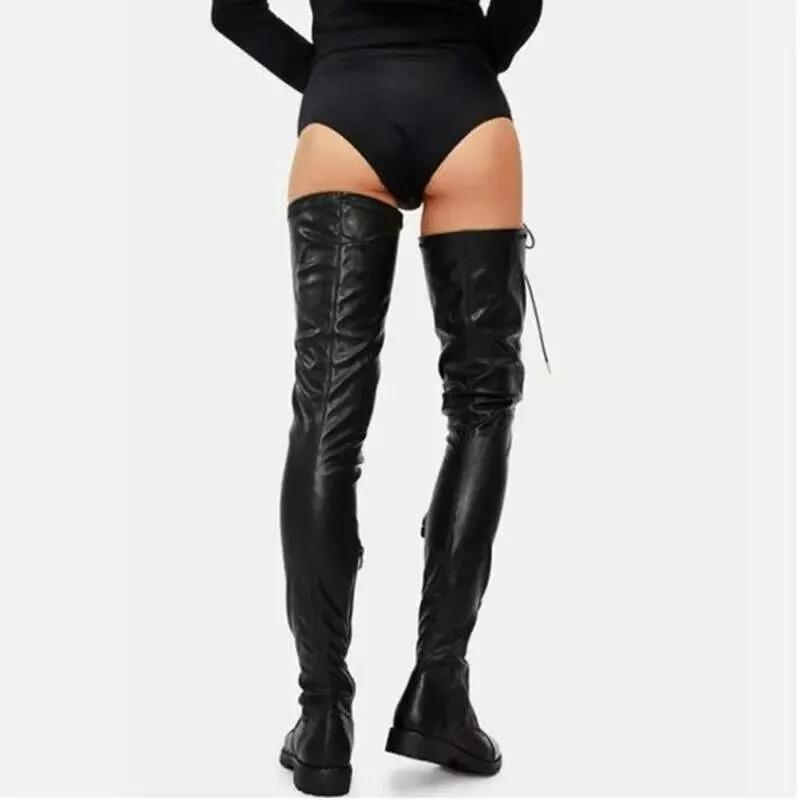 Černé šněrovací kozačky nad koleno s nízkým podpatkem pro ženy, kulatá špička, zip, dámské punkové boty