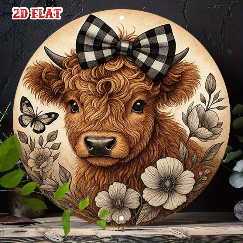 D Flat Highland Cow Wall Clock with Bow Vintage Floral Design Rustic Wooden Silent Quartz Movement Cute Farm Animal Art for Kit