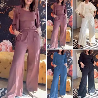 3 Pcs/Set Women Vest Coat Pants Suit Round Neck Sleeveless Solid Color Blouse Elastic Waist Wide Leg Trousers Daily Wear Sport Outfit Fall Spring