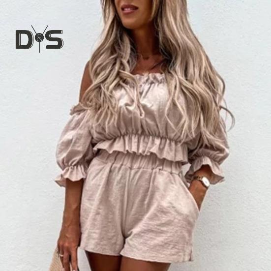 2 Pcs/Set Women Crop Top Shorts Set Shirring Short Bubble Sleeve Off Shoulder Backless Bandeau High Waist Solid Color Pockets Lady Club Party Outfit