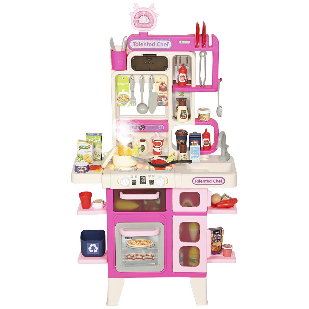 Pretend Play Kitchen Set With Realistic Lights And Sounds 104PCS Toy Kitchen Accessories For Boys And Girls Pink