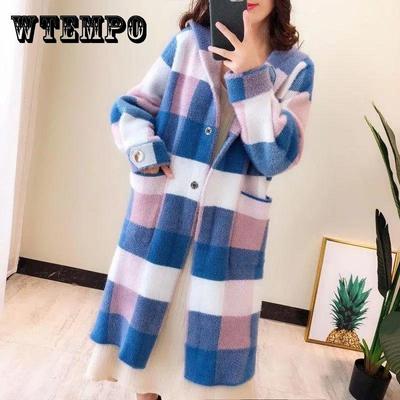 Women Long Knitted Faux Mink Fur Coat Plaid Cardigan Jacket