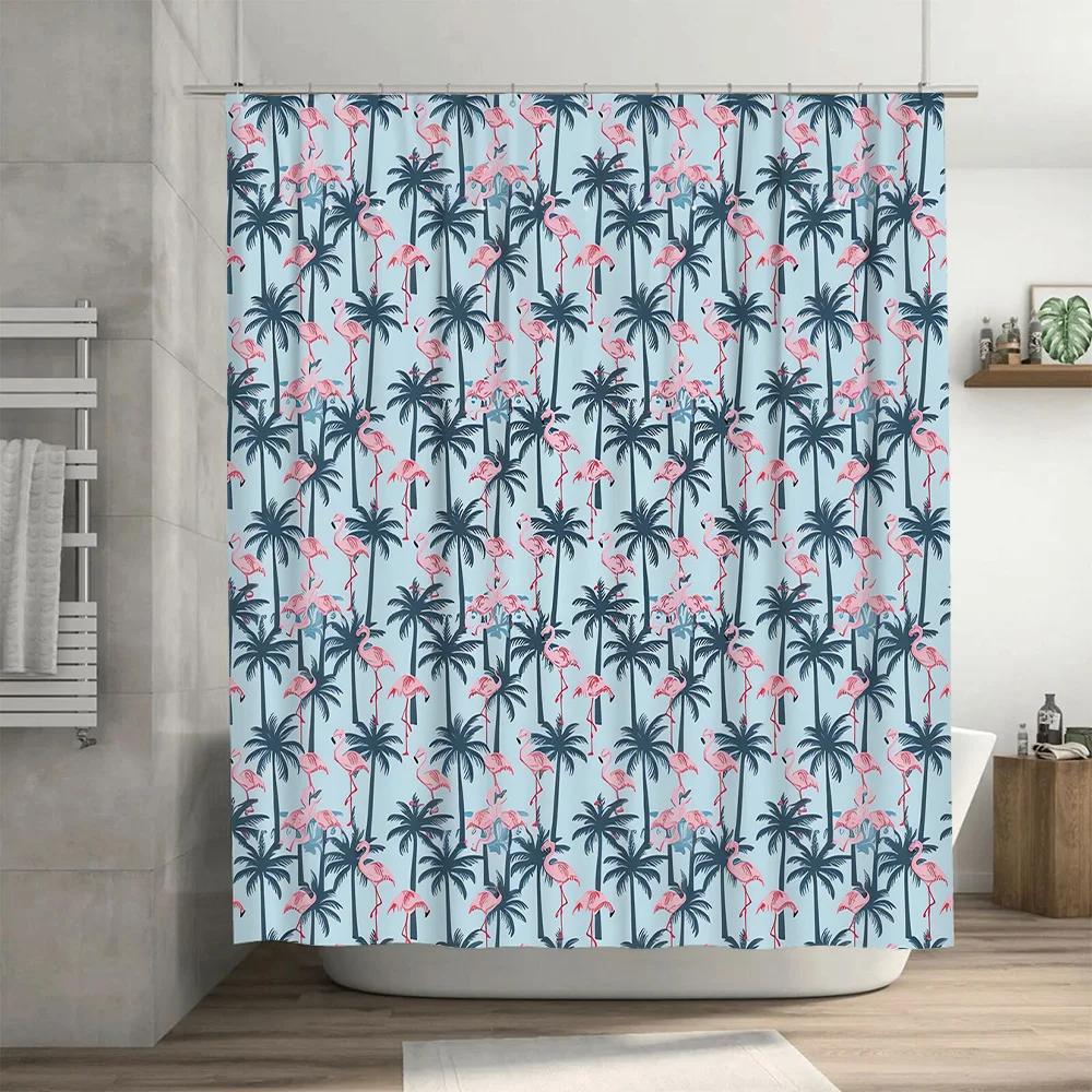 Beautiful Blue Palm Tree Pattern Shower Curtain for Bathroom Decor Pink Flamingo Design Fabric Bath Rug Cover
