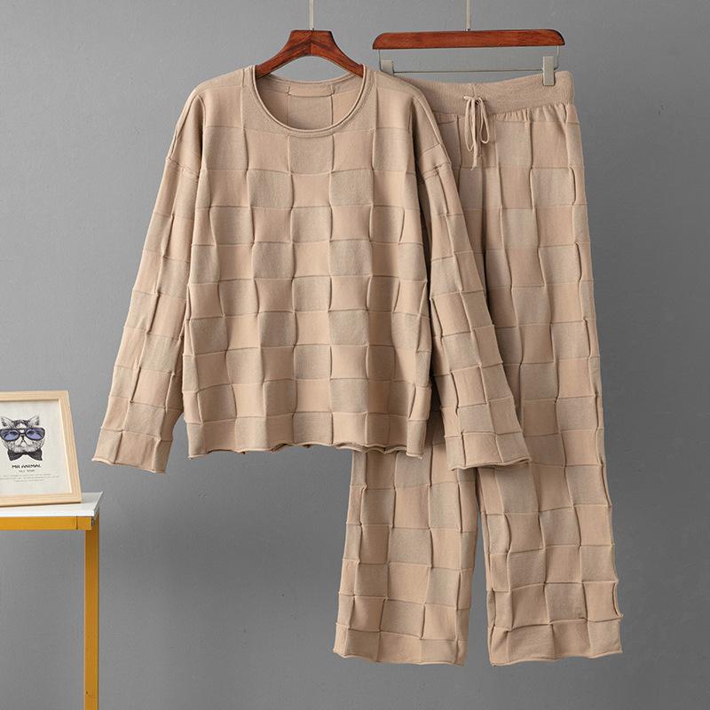 

Шерстяной костюм Осенний клетчатый топ с круглым вырезом + Повседневные спортивные брюки с широкими штанинами Костюм-двойка для женщин one size хаки