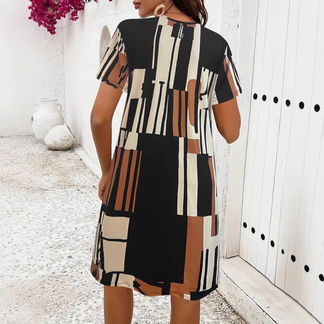 

JKASHDK Женская мода лето весна цветочный узор принт короткий рукав О-образный вырез свободная талия повседневные платья XXL жёлтый