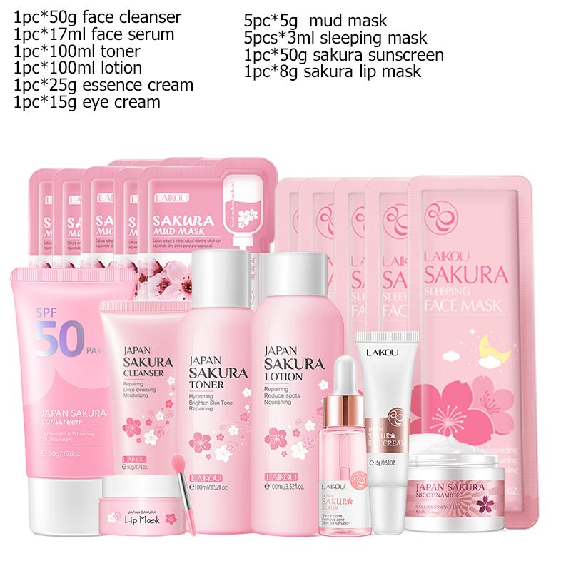 Sakura Oczyszczający Żel do Twarzy Koreańskie Serum do Twarzy Peeling Złuszczający Nawilżający Tonik Krem pod Oczy Krem z Filtrem Kosmetyki Zestaw do Pielęgnacji Skóry