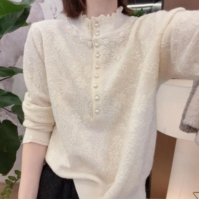 Autumn and Winter Semi-turtleneck Lace Bead Engraving Korean Version Versatile Loose Age-reducing and Thin Knitted Bottoming Shirt Women