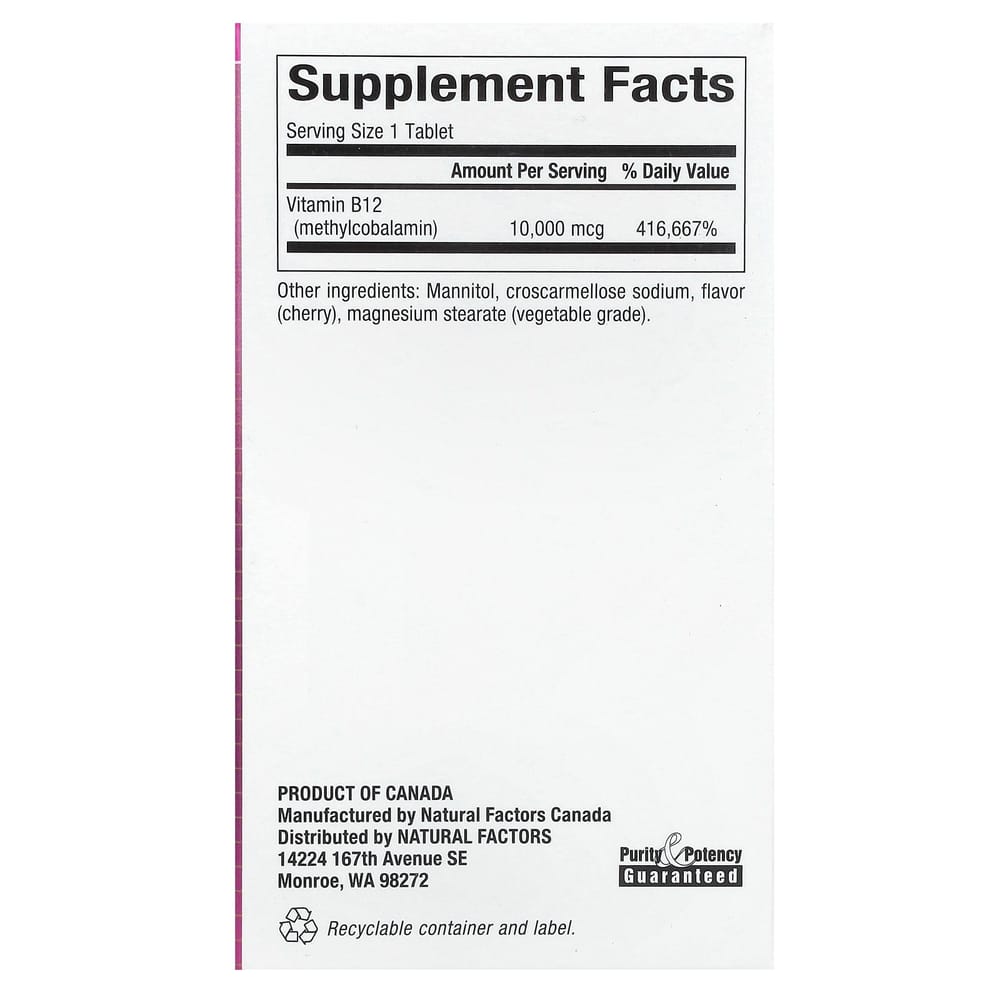 Natural Factors B12 Methylcobalamin Cherry 10000 mcg Chewable Tablets, 30 Count