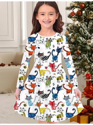 Girls' Autumn and Winter Fashion Dress, 3D Cat Print  Round Neck Long Children's T-shirt Dress, Casual Versatile, Christmas Clothing