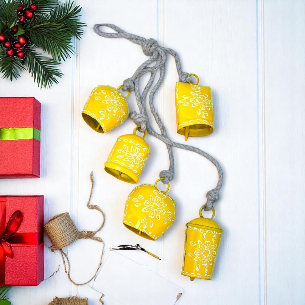 Hand Painted 25 Inch Rustic Wind Chime with 5 Floral Bells for Garden Porch Decor and Soothing Melodic Sounds (Yellow)