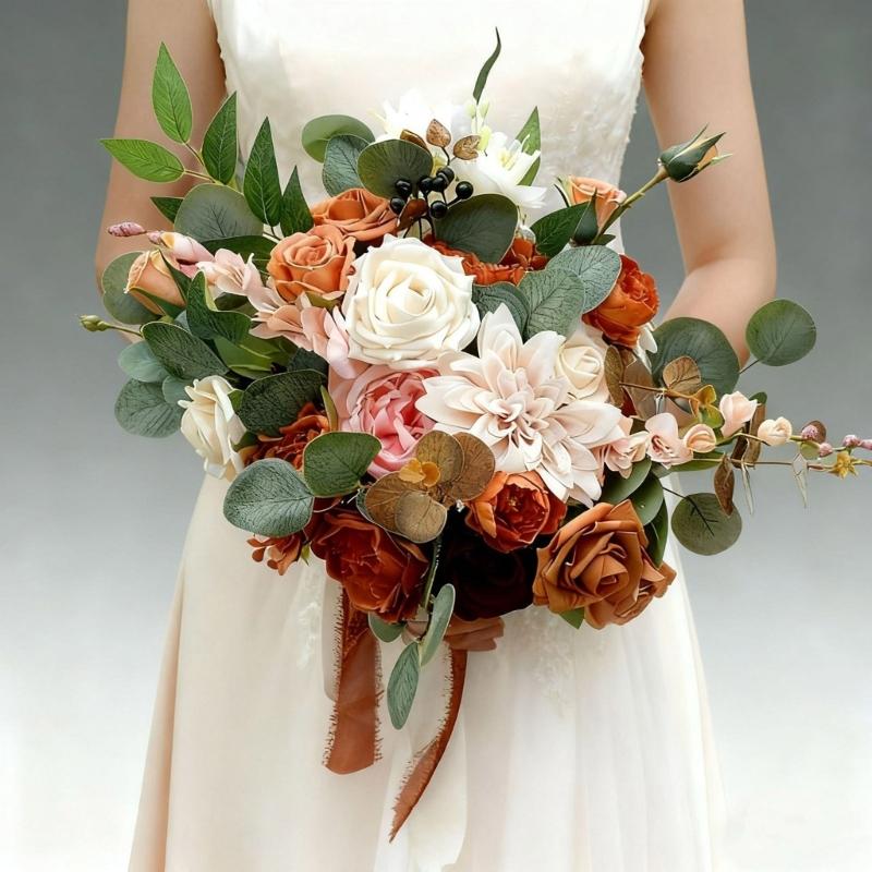 Realistic Caramel Bridal Bouquets Artificial Roses Fall Wedding Decoration Handmade Silk Flower For Home Elegant Party