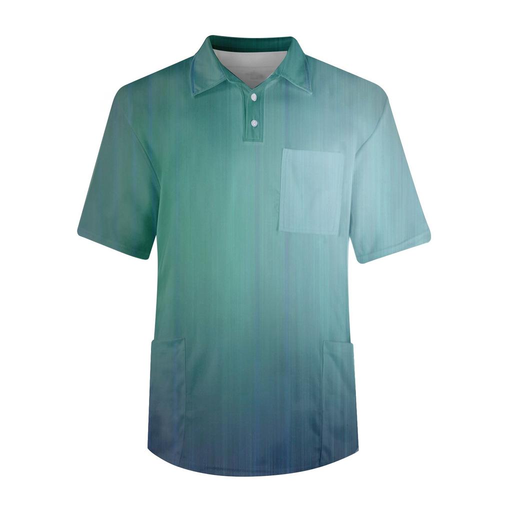 Pánské tričko s krátkým rukávem, knoflík klopa s přechodovým potiskem na hrudi, kapsa na sucho