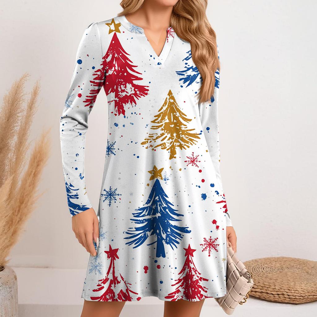 Women's Christmas Printed Dress Loose V-neck Casual Long Sleeved Dress