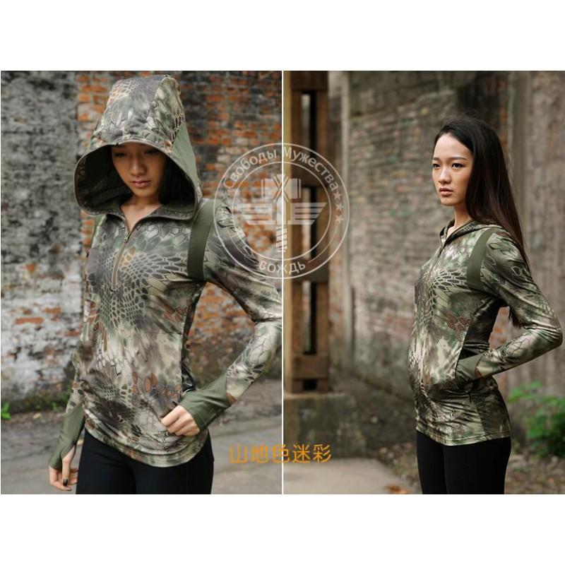 Womens Camo Sun Protection Hooded Long Sleeve T-Shirt Quick Dry Hiking Camping Outdoor Sports Top