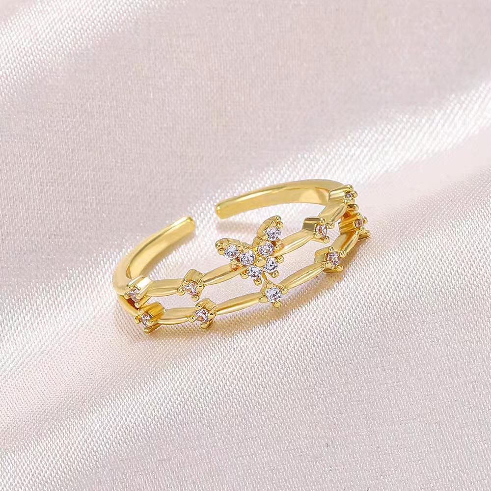 Chao Xiaobai 925 Sterling Silber Schmetterlingsring mit Zirkonia - Offenes doppellagiges geometrisches Design für Damen