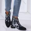 Fashion Women's Ethnic Embroidered Ankle Boots Mid Chunky Heel Rhinestone Decor Autumn Shoes for Women Vintage Style Casual Short Botas