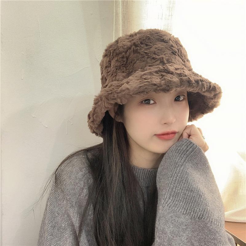 Japanese Plush Fisherman Hat for Women In Autumn and Winter Warm Large Brim Versatile Sweet Temperament Lady Color Fashionable Washbasin Hat