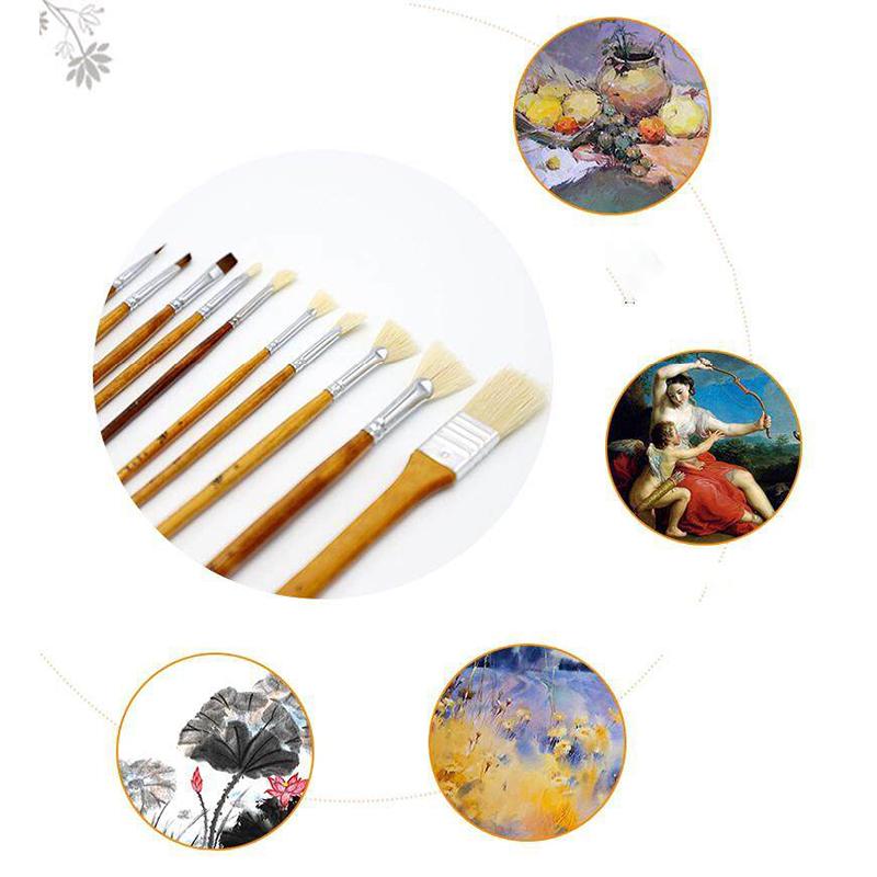 JOWOART Conjunto de 10 peças de teste de arte de guache para alunos, cerdas de porco, pincel de óleo de propileno, rabo de peixe, em forma de leque, pintado à mão, portátil para atividades ao ar livre