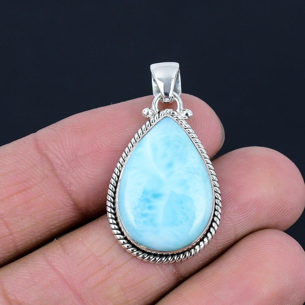 Pendentif en pierre précieuse naturelle Larimar, argent sterling 925, forme poire 24 x 16 mm, pendentif fait main, cadeau de bijoux pour la Saint-Valentin
