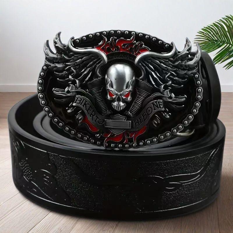 Men s alloy buckle leather belt - vintage embossed punk style 105cm
