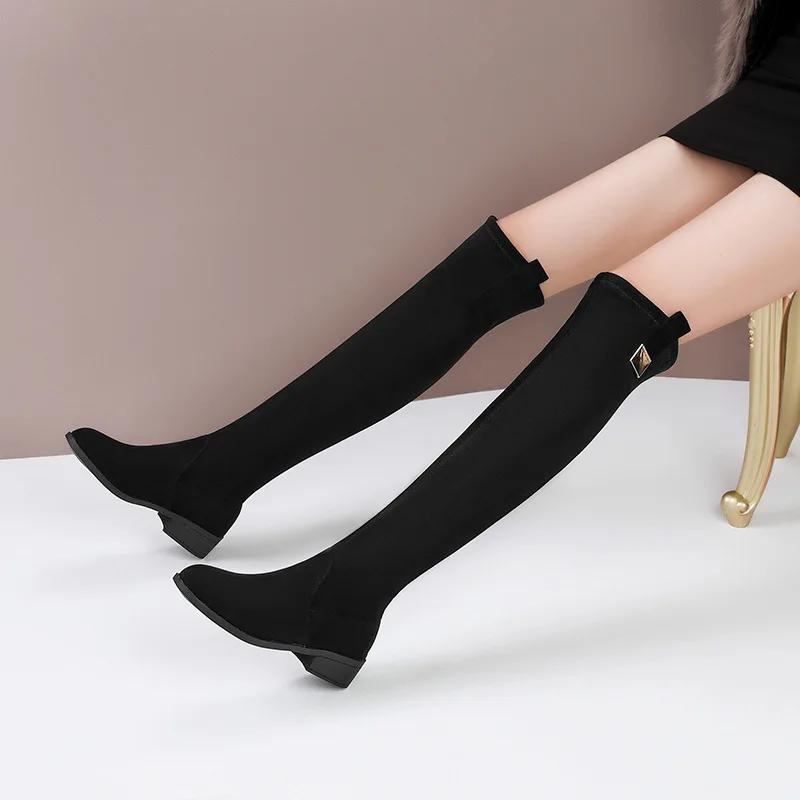 Fashion Suede High-heeled Over-the-knee Boots Woman 2025 New Women's Elastic Long Boots Pointed Toe Chunky Heel Fashion Botas Mujer