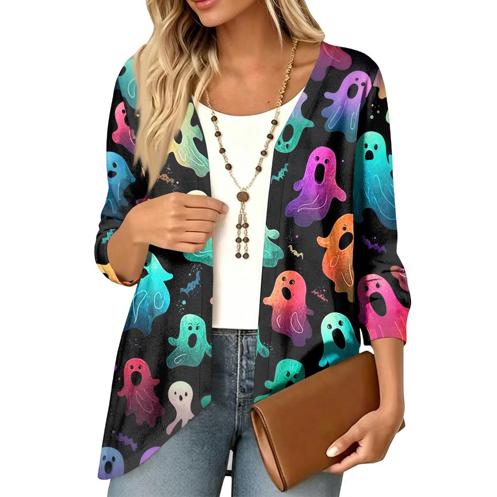 Women's Lightweight Cardigan with Halloween Print , Three-Quarter Sleeve , Relaxed Fit for Casual Halloween Outfits
