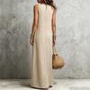 European and American summer cotton and linen dress round neck pleated breasted sleeveless vest long dress casual vacation style women's clothing