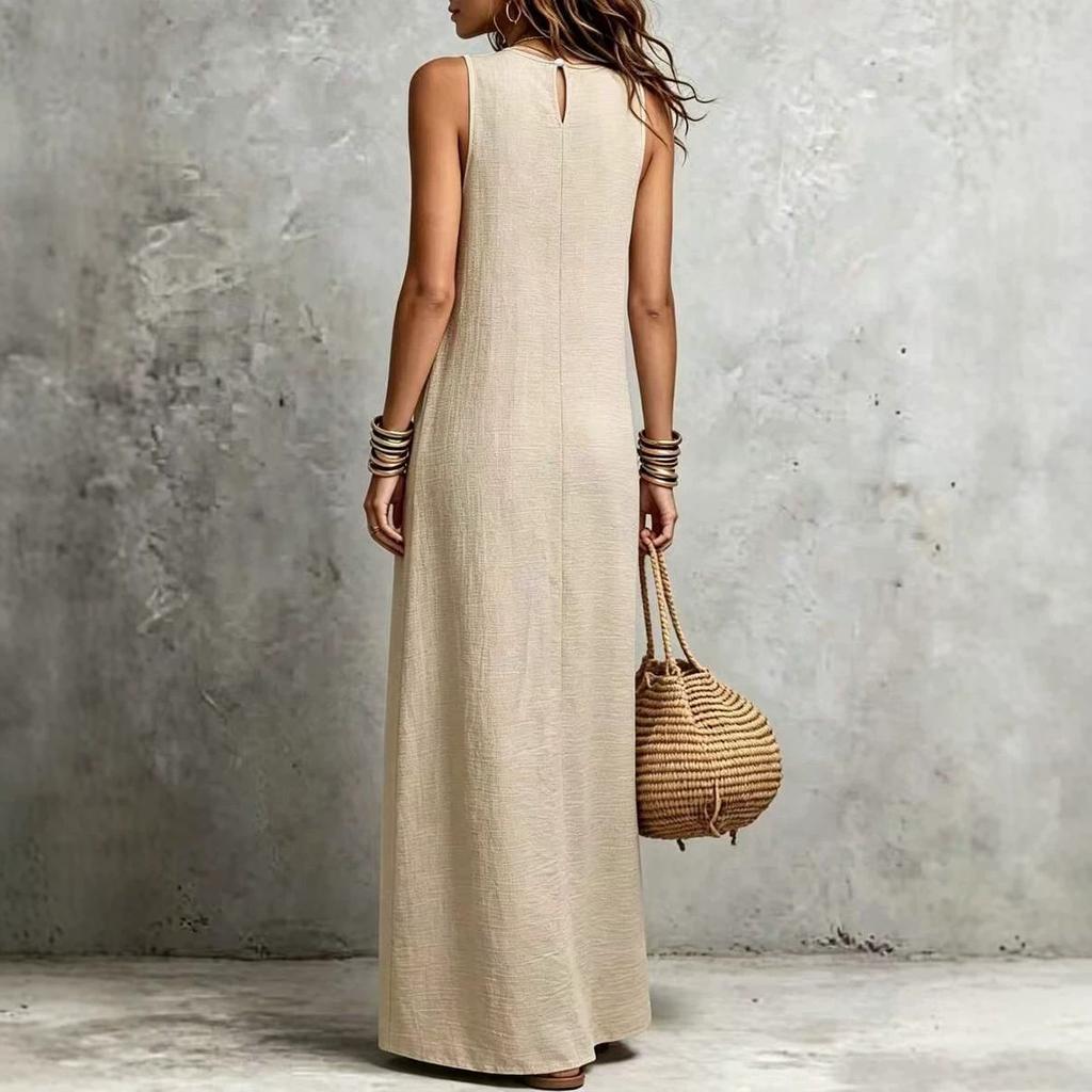 European and American summer cotton and linen dress round neck pleated breasted sleeveless vest long dress casual vacation style women's clothing