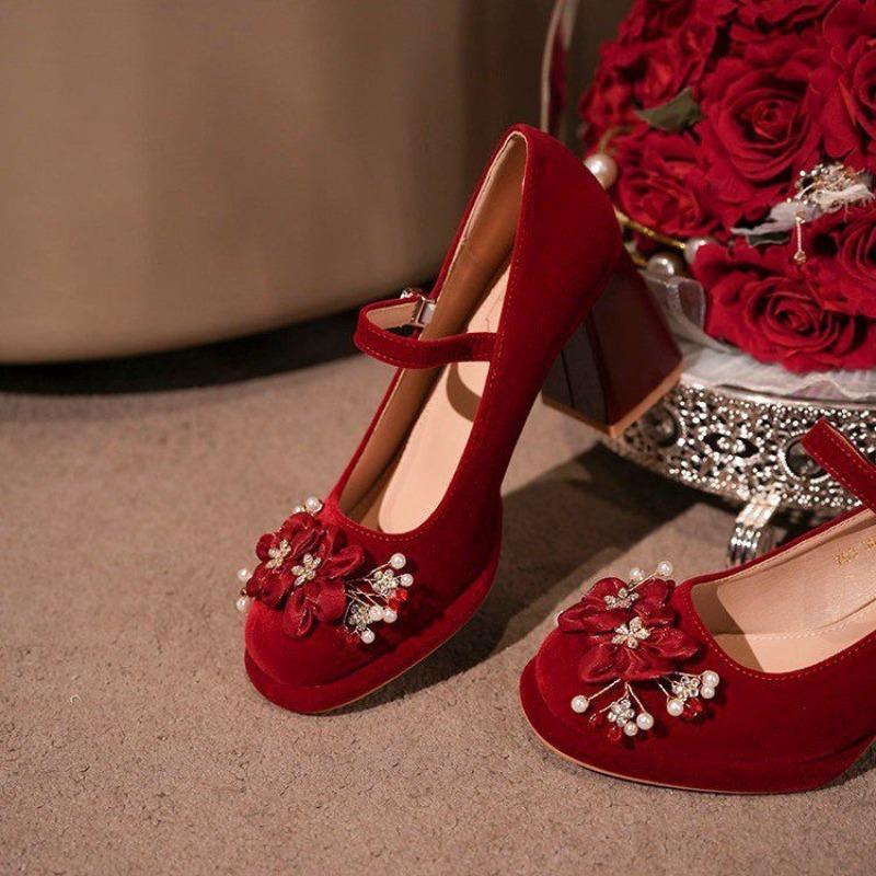 2026 Little Bride Wedding Shoes Block Heel High Heels Single Shoes