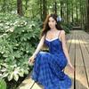 Travel and Vacation Wear Retro Blue Plaid Suspender Dress Design Sense Niche Waist Temperament Long Dress Summer
