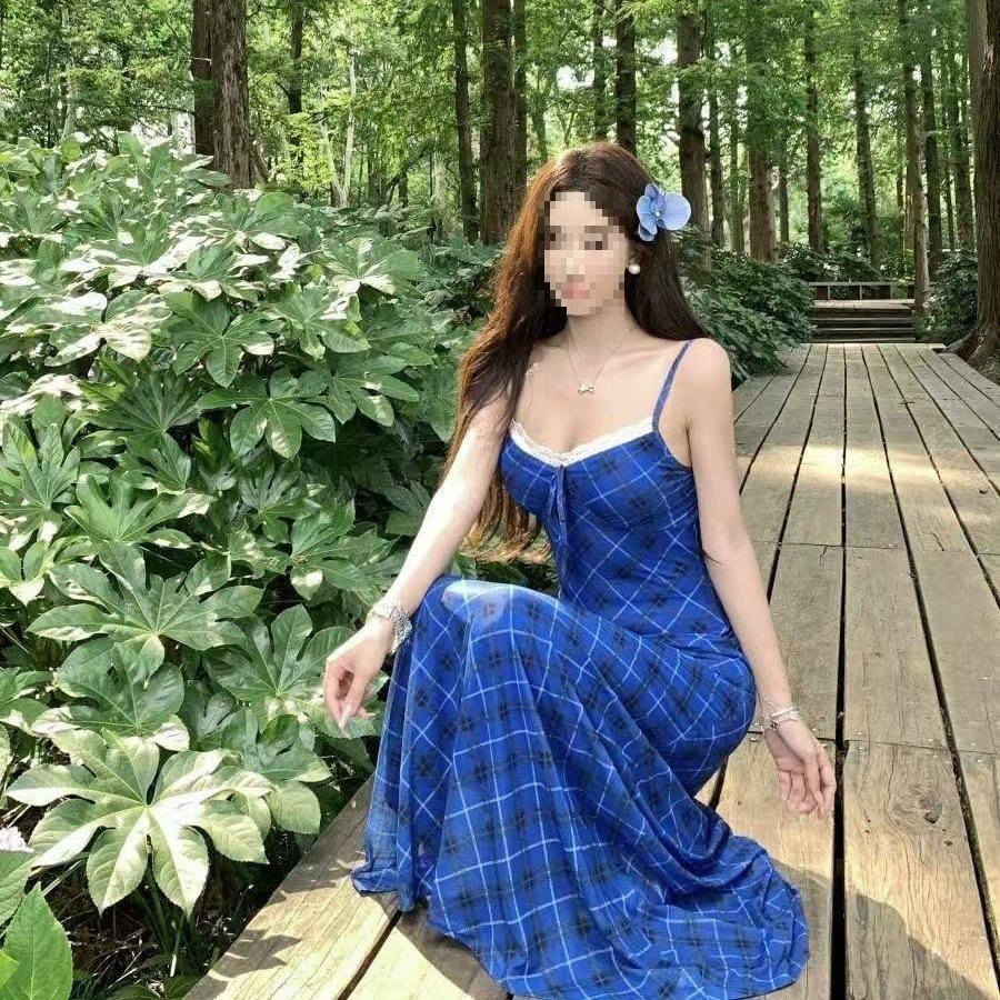 Travel and Vacation Wear Retro Blue Plaid Suspender Dress Design Sense Niche Waist Temperament Long Dress Summer