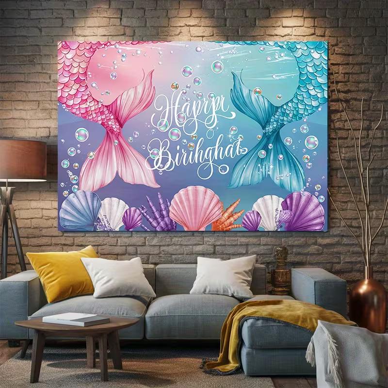 2D Little Mermaid Photo Backdrop with Colorful Tails and Underwater Scene
