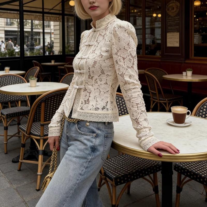 Women Spring Summer New Lace Crochet Stand Collar Slim Fit Blouse Stylish Elegant Commuter Design Shirt