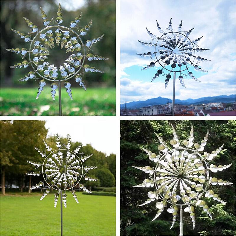 Kinetische Windmühlenskulpturen aus Metall, einzigartiger und magischer windbetriebener Spinnergarten