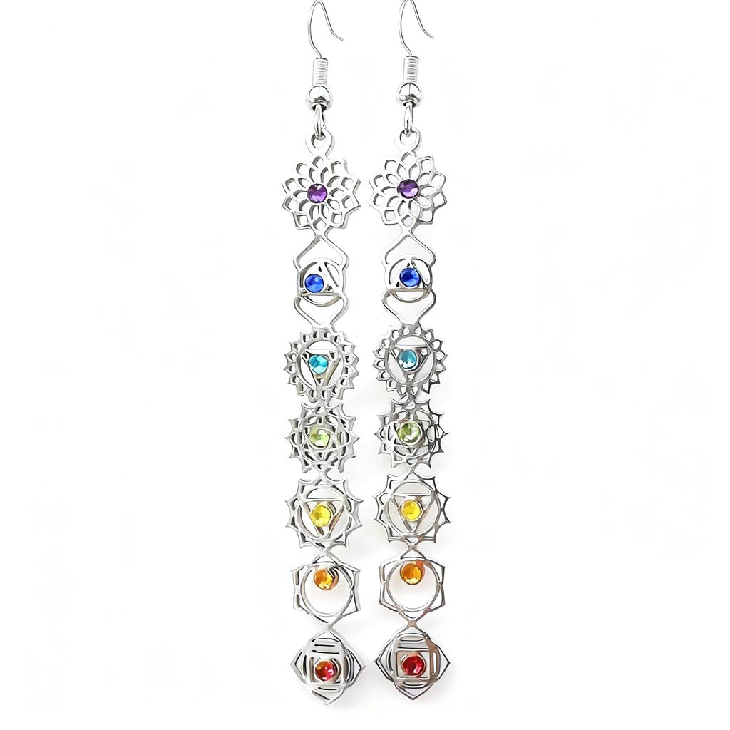 7 Chakra Drop Earrings Stainless Steel Chakras Earrings with Zircon Hindu Buddhism Yoga Meditation Jewelry Amulet Earrings