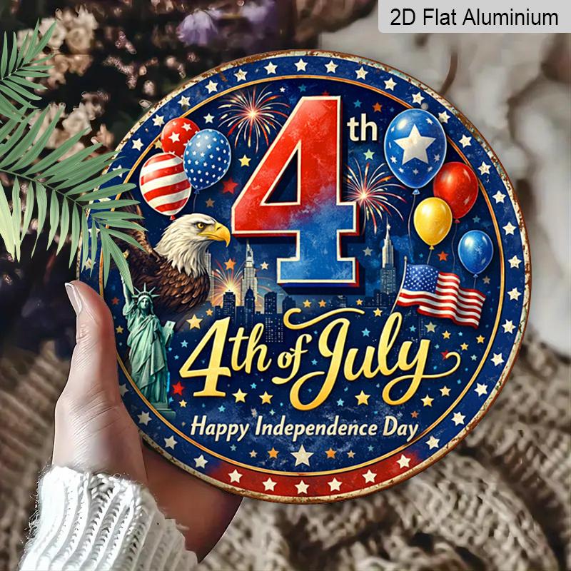2D Flat, 1pc Round 4th of July Aluminum Hanging Sign, Patriotic Bald Eagle Statue of Liberty Balloon Firework Design, Retro Distressed Patriotic Wall